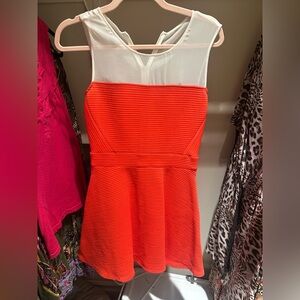 Sandro coral Sleeveless Flare Dress with White Mesh Yoke